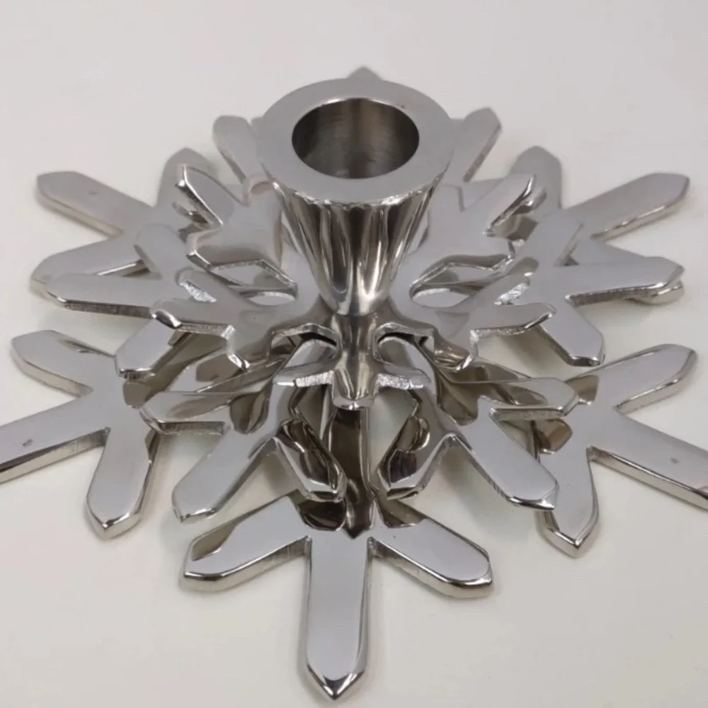 Crate and Barrel Pair of Silver Snowflake Candle Holders